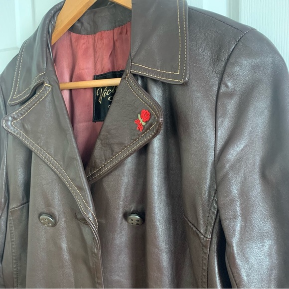 Vintage Chocolate Brown Leather Jacket with Red Rose - Picture 16 of 16